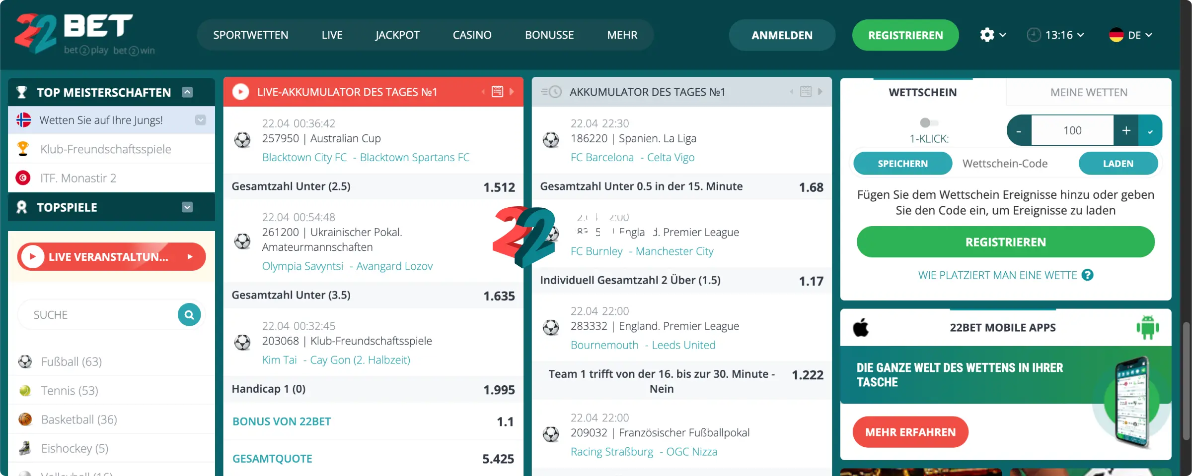 22Bet Online-Wetten