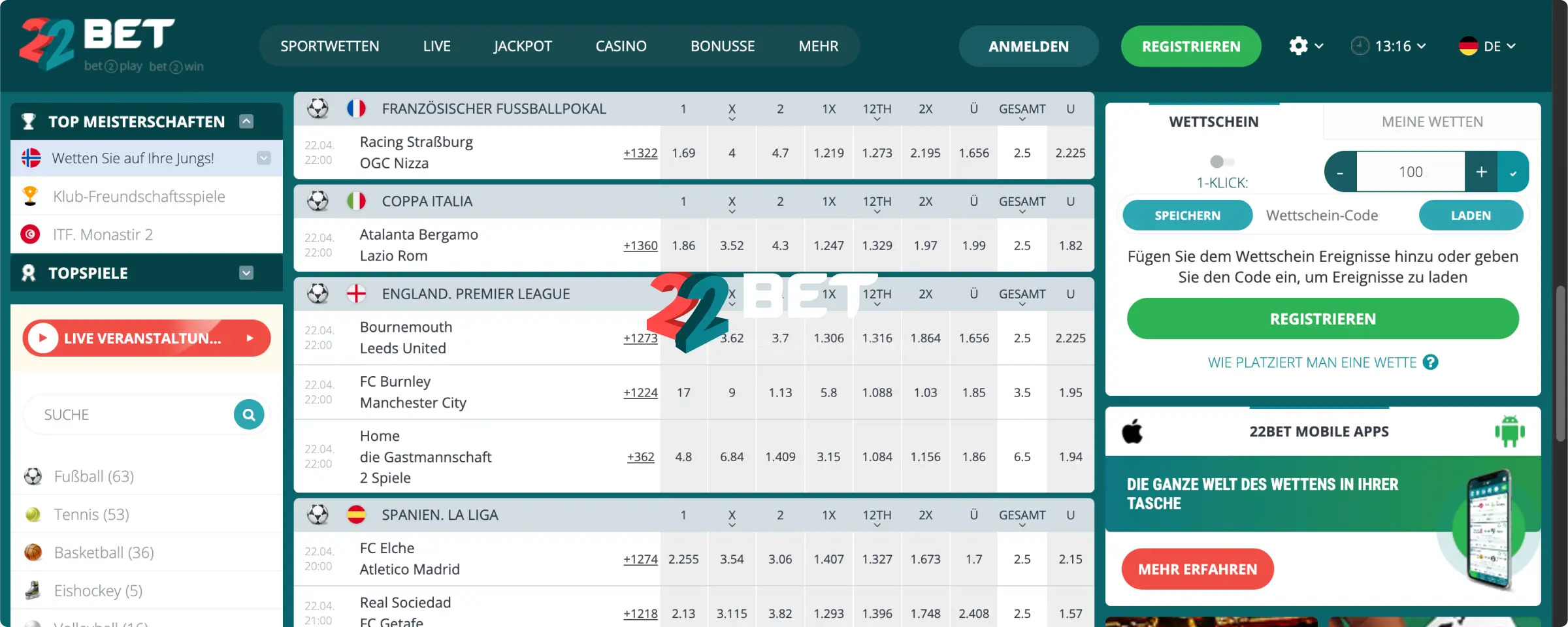 22Bet Hohe Sportquoten